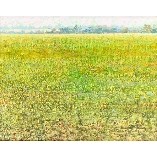 425 - Lionel Bulmer (British 1919-1992), Buxhall Meadow, Suffolk, oil on board, signed, further signed and... 