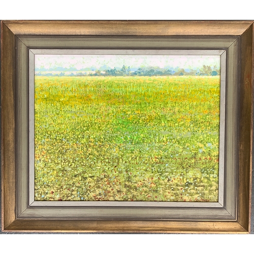 425 - Lionel Bulmer (British 1919-1992), Buxhall Meadow, Suffolk, oil on board, signed, further signed and... 