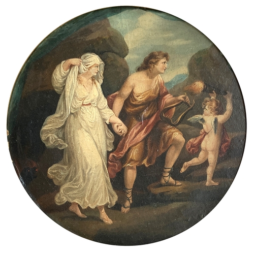 407 - After Angelica Kauffman, Orpheus and Eurydice, oil on paper, over a printed base, laid to board, 23x... 