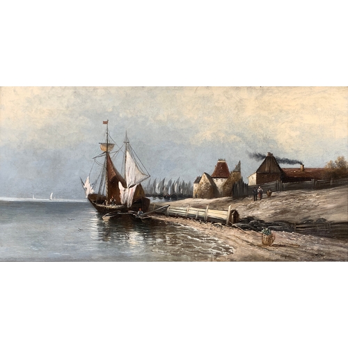 408 - Dutch School (19th century), Returning to port, with figures and smokehouse, oil on canvas, indistin... 