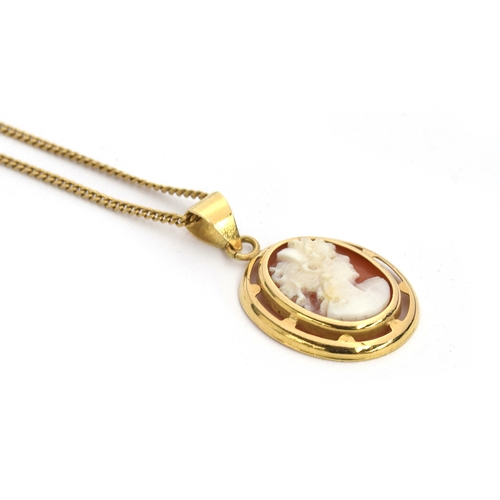 42 - An 18ct gold shell cameo pendant on an 18ct gold chain, the chain 50cm long, 6.1g