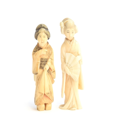 250 - A Japanese Meiji era netsuke in the form of a geisha, 9cm high; together with a similar okimono, 8.5... 