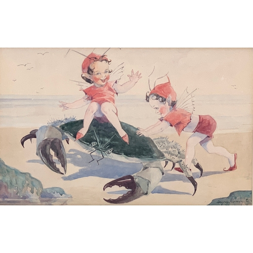 358 - Joyce Hamstead, pair of watercolours depicting sea fairies at play, one with a crab, signed, 16.5 x ... 