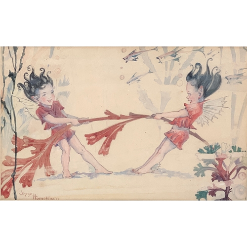 358 - Joyce Hamstead, pair of watercolours depicting sea fairies at play, one with a crab, signed, 16.5 x ... 