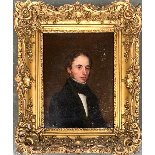 384 - A 19th century oil on canvas of a gentleman in Regency dress, 29.5 x 22cm, in an ornate giltwood fra... 