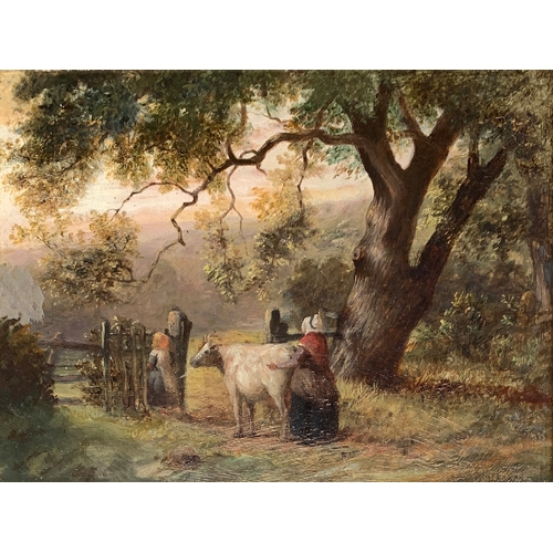 415 - 19th century British, figures and cow in a pastoral setting, oil on board, signed J. Edgar, 1870, 22... 