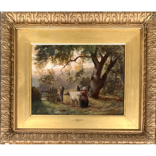 415 - 19th century British, figures and cow in a pastoral setting, oil on board, signed J. Edgar, 1870, 22... 