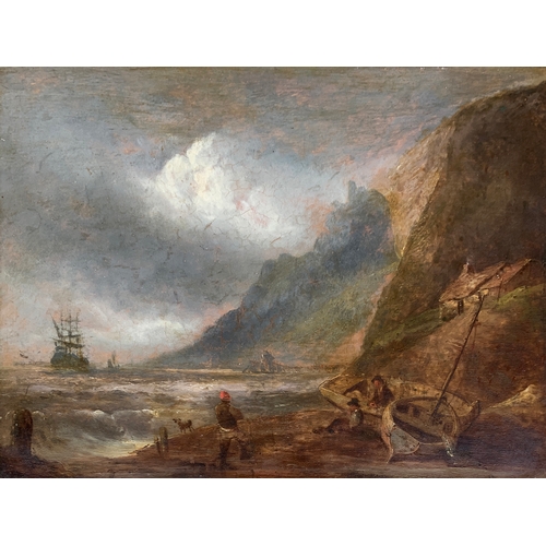 416 - 19th century British, fisherman in a coastal landscape with tall ship, oil on board, 30x39.5cm