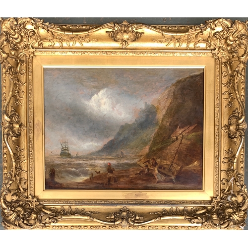 416 - 19th century British, fisherman in a coastal landscape with tall ship, oil on board, 30x39.5cm