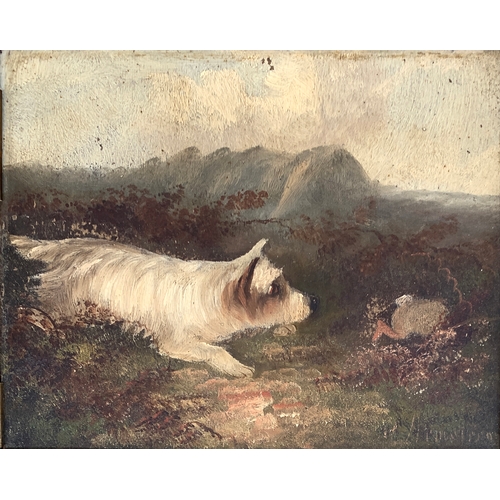 419 - 19th century British, naive oil on board, terrier chasing a rabbit, signed indistinctly, possibly Ar... 