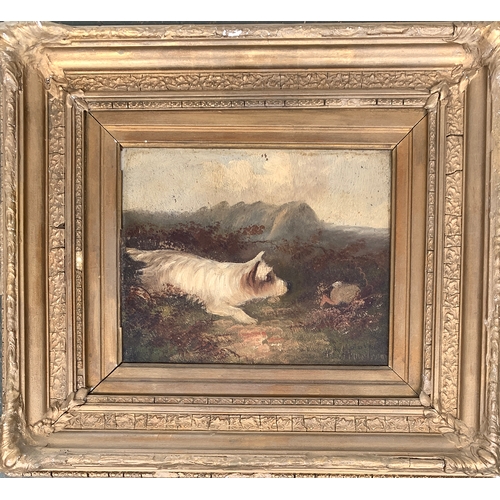 419 - 19th century British, naive oil on board, terrier chasing a rabbit, signed indistinctly, possibly Ar... 