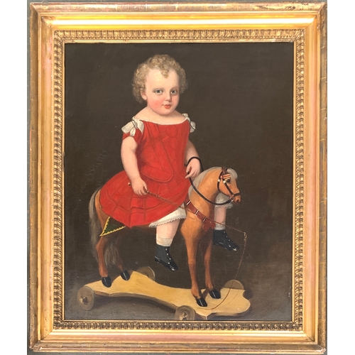 420 - 19th century oil on canvas, child on rocking horse, unsigned, 75x61.5cm