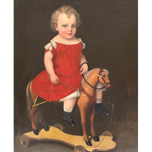 420 - 19th century oil on canvas, child on rocking horse, unsigned, 75x61.5cm