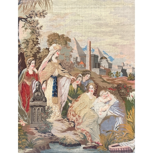 330 - A large 19th century needlework tapestry depicting the discovery of Moses in the bulrushes, 78x60cm,... 