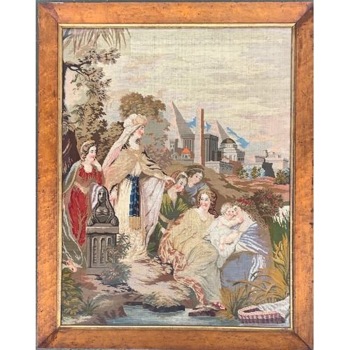 330 - A large 19th century needlework tapestry depicting the discovery of Moses in the bulrushes, 78x60cm,... 