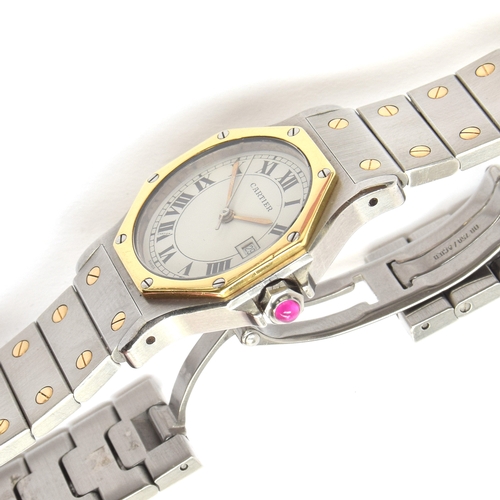 94 - A Cartier Santos octagonal steel and gold automatic bracelet wristwatch, the white dial with date an... 