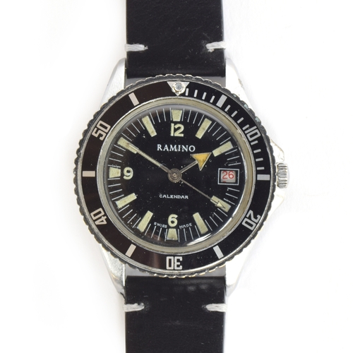 95 - A Ramino steel vintage mechanical diver's style wristwatch, black dial with luminous baton markers, ... 