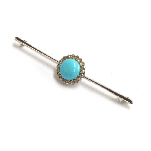 21 - An 18ct white gold bar brooch set with a central turquoise cabochon surrounded by diamonds, approx. ... 