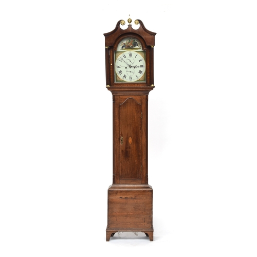 576 - An oak longcase clock, broken swan neck pediment with brass mounts, over domed painted 12