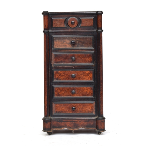 630 - A French burr walnut, ebonised and marble topped night stand, single drawer over a fall fronted cupb... 