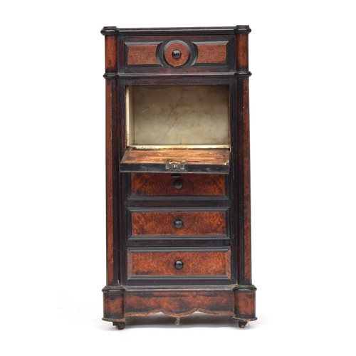 630 - A French burr walnut, ebonised and marble topped night stand, single drawer over a fall fronted cupb... 