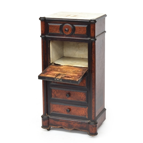 630 - A French burr walnut, ebonised and marble topped night stand, single drawer over a fall fronted cupb... 