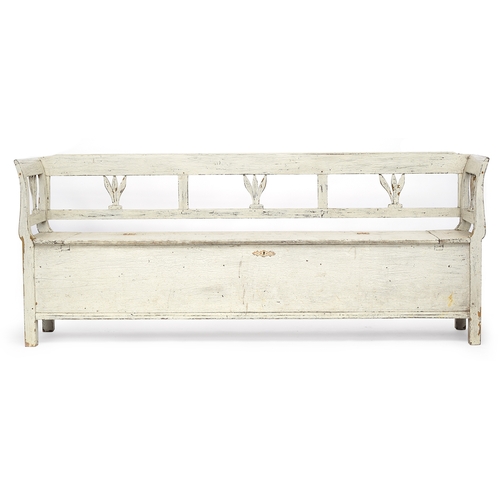 688 - A Scandinavian painted pine box settle or hall bench, of good proportions, the hinged seat opening t... 