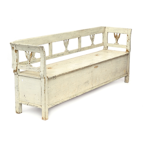 688 - A Scandinavian painted pine box settle or hall bench, of good proportions, the hinged seat opening t... 