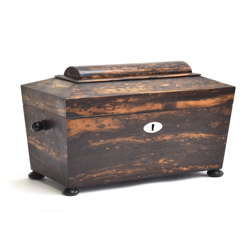 208 - A Victorian sarcophagus form coromandel tea caddy, the original ring turned handles missing from the... 