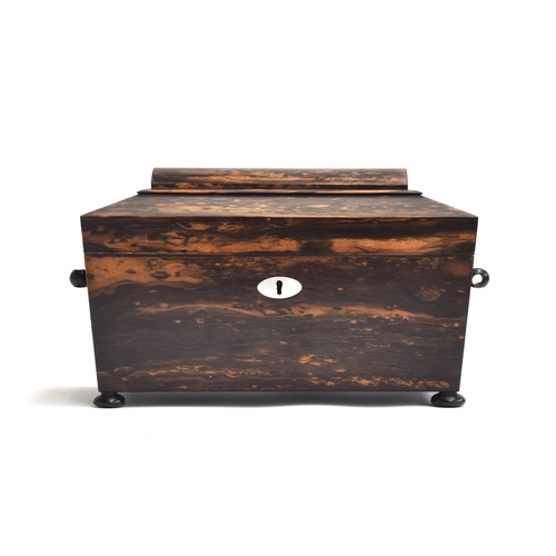 208 - A Victorian sarcophagus form coromandel tea caddy, the original ring turned handles missing from the... 