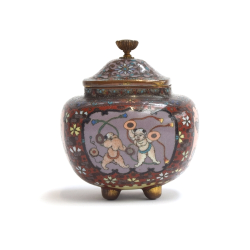 256 - A Japanese Meiji era cloisonne enamel squat urn, the panels depicting butterflies and dancers, on fo... 