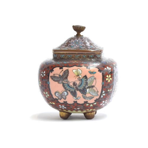 256 - A Japanese Meiji era cloisonne enamel squat urn, the panels depicting butterflies and dancers, on fo... 