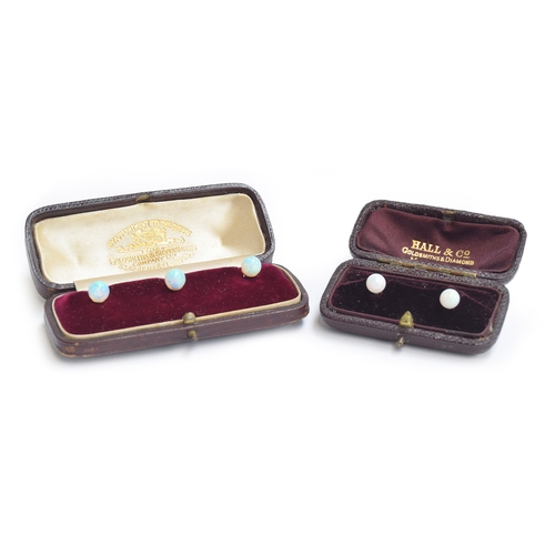 62 - A cased set of three opal and 14ct gold dress studs; together with a further cased pair of opal and ... 