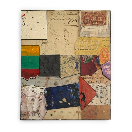 509 - Kenneth Mahood (Irish, 1930-2020), mixed media collage 15x18.5cm, the reverse signed with note to Gi... 