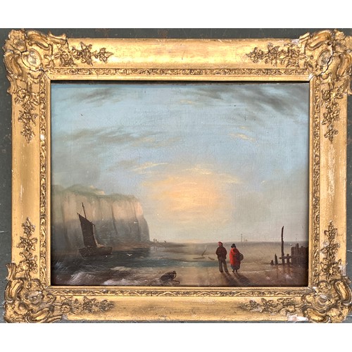 461 - 19th century British School, figures on a beach with white cliffs in background, 34x44cm