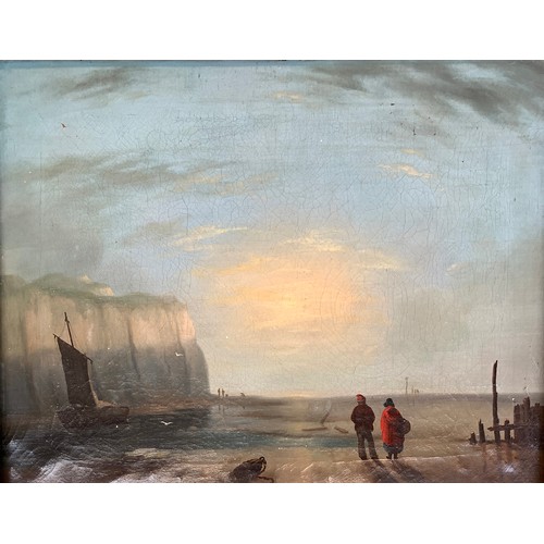 461 - 19th century British School, figures on a beach with white cliffs in background, 34x44cm