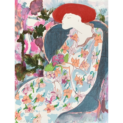 440 - Linda le Kinff (French b.1949), lady holding flowers 8/20, signed and numbered in pencil lithograph ... 