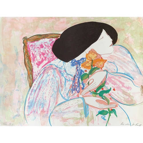 442 - Linda le Kinff (French b.1949), lady holding rose 8/20, signed and numbered in pencil lithograph 50x... 