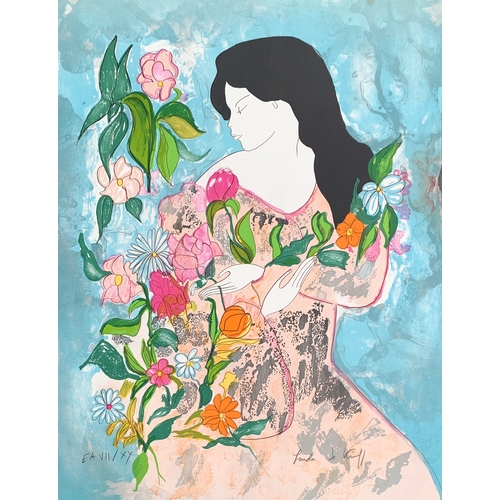 443 - Linda le Kinff (French b.1949), lady holding flowers 7/20, signed and numbered in pencil lithograph ... 