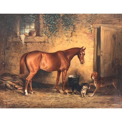 395 - Henry Barraud (1811-1874) a chestnut horse with hound, terrier and cat in farmyard, oil on canvas, s... 