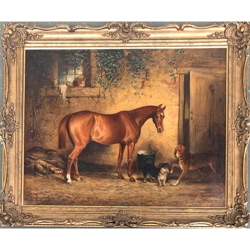 395 - Henry Barraud (1811-1874) a chestnut horse with hound, terrier and cat in farmyard, oil on canvas, s... 