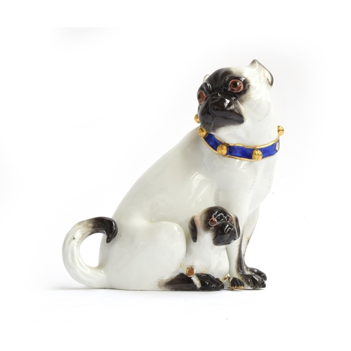 274 - A 19th century Meissen figure group of a pug and puppy (af), modelled after J.J Kändler, the pug wea... 