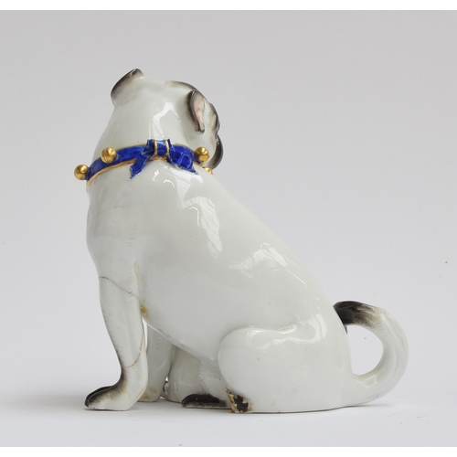 274 - A 19th century Meissen figure group of a pug and puppy (af), modelled after J.J Kändler, the pug wea... 