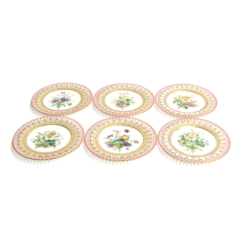 279 - Six 19th century hand painted cabinet plates, each with central floral spray design, pierced borders... 