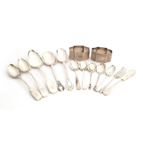 110 - A small lot of mixed silver flatware, to include Georgian and Victorian spoons; together with two en... 