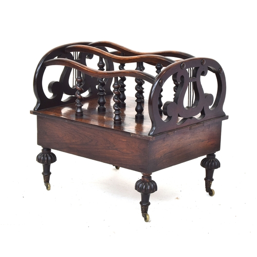 680 - A William IV rosewood four division canterbury with barley twist and lyre detail over single drawer ... 