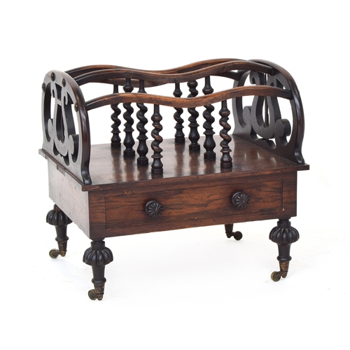 680 - A William IV rosewood four division canterbury with barley twist and lyre detail over single drawer ... 