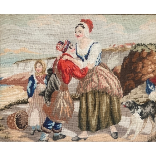 331 - A 19th century tapestry depicting a mother and her children in a coastal landscape, 17x21cm, in a he... 