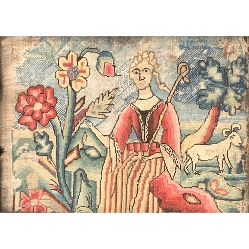 328 - An 18th century needlework, embroidered in coloured thread depicting a shepherdess holding a crook b... 