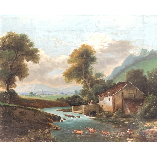 413 - 19th Century Continental School, cattle watering in front of mill, oil on canvas, 66x81cm